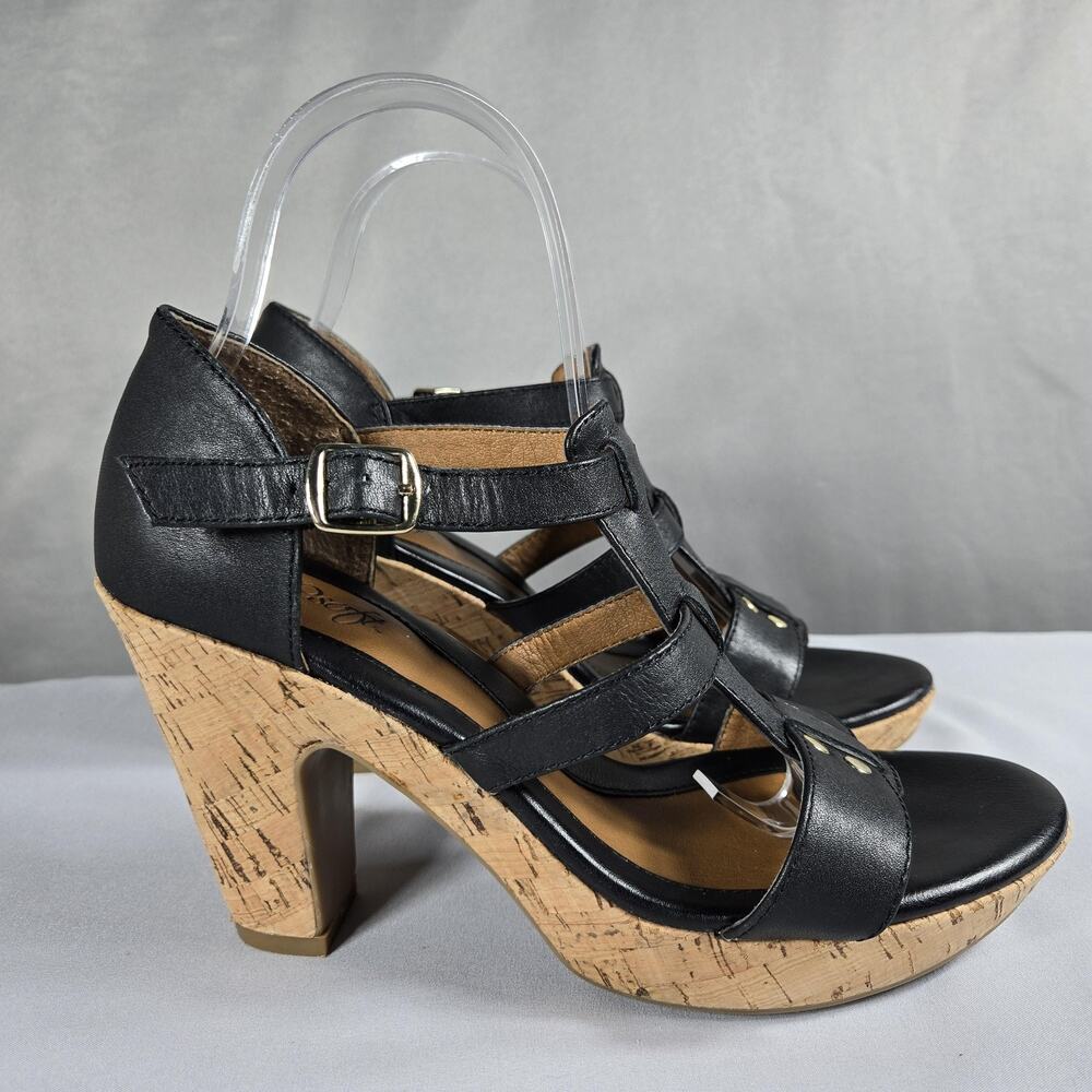 EuroSoft Sandals Womens Size 8‎ Black Strappy Cork Platform Block Heel Shoes